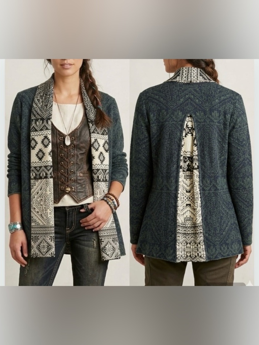 Women's Aztec Geo Print Alpaca Blend Cardigan Size S Blue Shawl Collar Boho